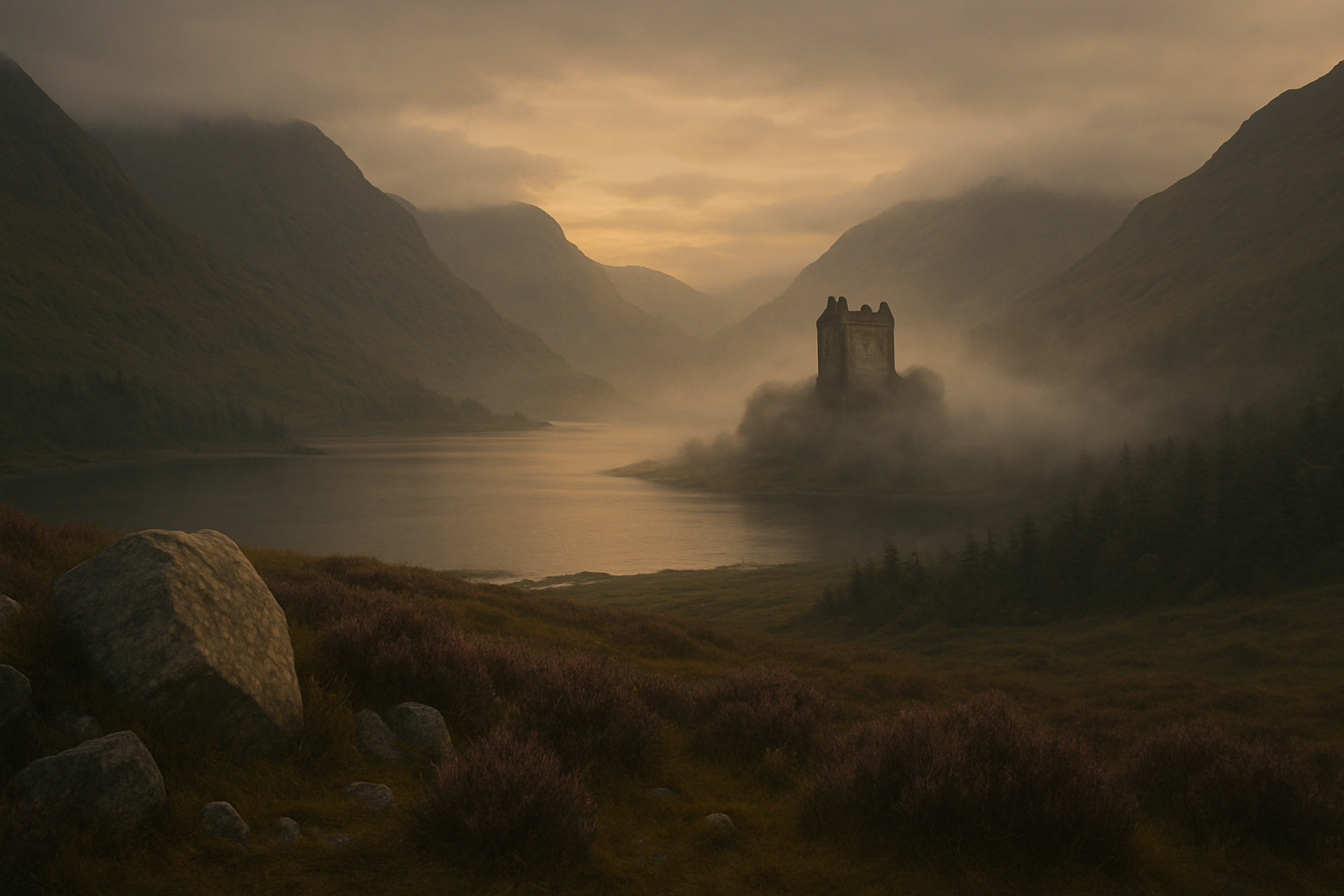 Sweeping Scottish Highlands with a castle silhouette